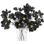 Bunga Cosmos Hitam Tiruan, 6 Tangkai Bunga Cosmos Sutera Palsu dengan Daun Hijau untuk Vas, Hiasan P