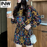 INWPLLR Women's Vintage Floral Dresses Fashion Lantern Sleeve Dresses Female Spring Retro Bodycon Chiffon Dress Ladies