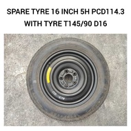Spare Tyre 16 Inch 5H PCD114.3 ( T145/90 D16 ) For Toyota Estima Previa Camry Ipsum Noah Voxy Honda 