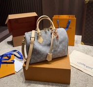 ✨LV louis vuitton speedy soft 30灰牛仔復古可拆卸肩帶斜跨手提包 女款 深灰色