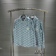 MLB 老花條紋秋款牛仔襯衫外套男女同款情侶裝