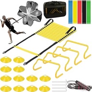 Speed Agility Training Equipment Set - 20Ft Agility Ladder, 4 Adjustable Hurdles, 5 Resistance Bands, 12 Cones, Resistance Parachute &amp; Jump Rope for Soccer Basketball Football Boxing Footwork Sports