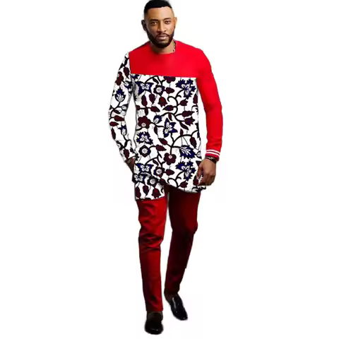 African Design Couture Men’s Red Set Shirts Patch Elastic Waist Pants Traditional Print Party Wears