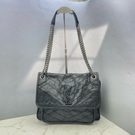 YSL NIKI中號 黑銀油蠟皮 肩背包