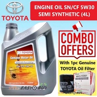 (COMBO SET)ORIGINAL Toyota Genuine Engine Oil 4Litre 5W-30 5W30 4L (with Oil Filter) Semi Synthetic SF CN - Minyak Hitam