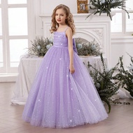 Váy công chúa nơ lưới đính ngọc trai màu oải hương thanh lịch cho bé gái tuổi mới lớn, thích hợp làm