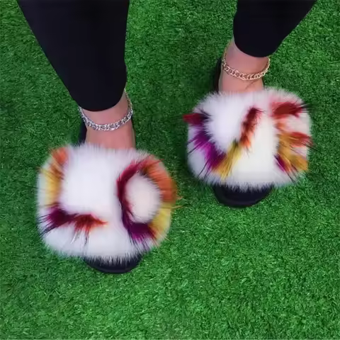 Women Summer Real Fox Fur Slippers Colorful Real Fur Slippers Flat Bottomed Anti Slip Fur Ladies Sho