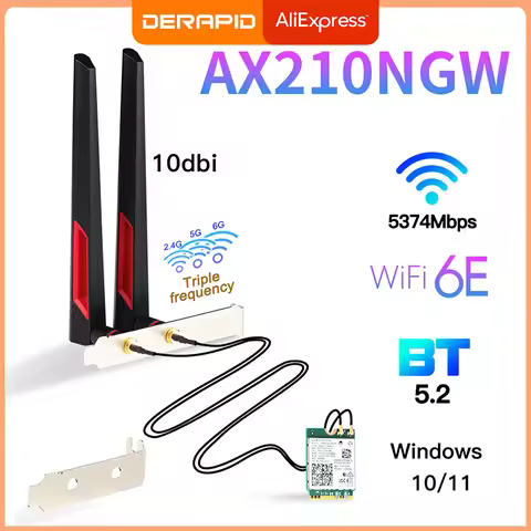 Wi-Fi 6E AX210 Wireless Card 5374Mbps BT5.3 Desktop Kit Antenna 802.11ax Tri-Band 2.4G/5Ghz/6G AX210