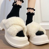 Soft cross fur sandals, Korean fashion square toe thick sole sandals DP27