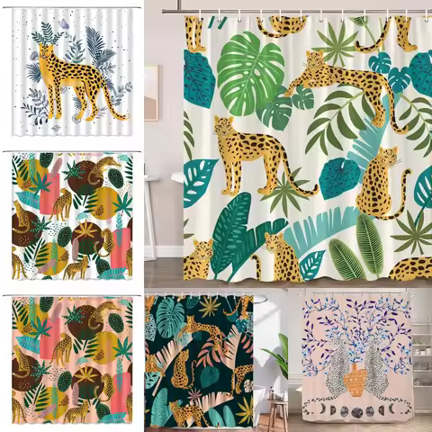 Boho Cheetah Shower Curtain,Tropical Leopard Wildlife Bath Curtain,Modern Pink Aesthetic Moon Phase