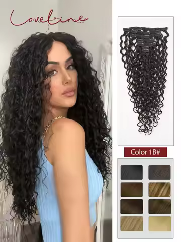 LOVELINE Water Curls Clip in Hair Extensions Human Hair 3B #1B Natural Black Russian Virgin Remy Hai