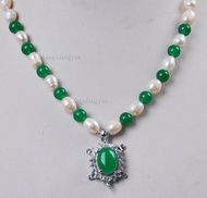 Free Shipping hot sale~~~Real White Akoya Cultured PearlGreen jade Turtle pendant necklace