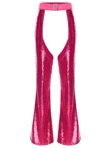 Womens Shiny Sequin Cowgirl Chaps Trousers Adjustable Waist Crotch Hollow Out Fully Lined Flared Pan