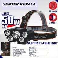 Senter Kepala 50W 5LED Headlight LED USB 50W+10W Senter Kepala 3 Mode Cahaya L - T21 1924