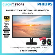 PHILIPS 27" 4K UHD (3840 x 2160) IPS LCD Monitor 60Hz | 4ms | IPS Panel | 27E1N1800A