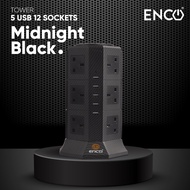 ENCO 5U12K (12 UK Plugs 5 USB Ports) Tower Extension / Extension Plug with Surge Protector - Midnigh