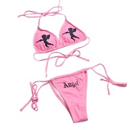【CC】2PCS Women Bikini Suit Push Angel Halter Back Tie-Up Bra Side Strappy Letter Triangle Panty Ladies Sexy Beach Swimwear Biquinis