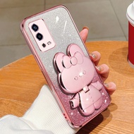 Phone Back Case For Oppo A55 4G Luxury Gradient Glitter Makeup Mirror Rabbit Folding Stand Soft Sili