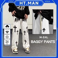 Baggy pants for men white trouser fashion casual pants korean style midwaist Cross pattern hiphop pa