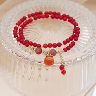 Double Layer Chinese Style Red Agate Bracelet Womens Design with Peach Pendent Tassel Hand Bracelet
