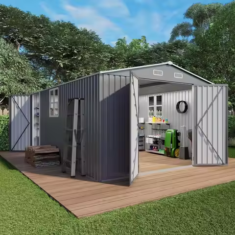 10x14x6.7FT Outdoor Storage Shed, Galvanized Steel Garden Shed with Lockable Door & Window, Waterpro