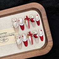 Yihe Wear Nail Gift Christmas Garland Encore Red Cat's Eye Bow French Manicure Wear Nail#G12. 7d #