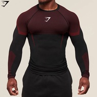 Men Gymshark Seamless Compression Shirt Long Sleeve Quick Dry Workout Top Black Red Gym Running Spor
