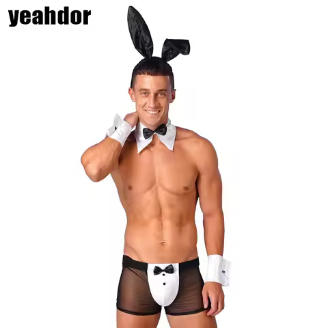 Halloween Bunny Costume Set Mens Lingerie See Through Back Rabbit Ears Boxer Briefs with Bunny Ears 