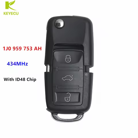 KEYECU Replacement Flip Remote Key 3 Button 434MHz ID48 Chip 1J0 959 753 AH for VOLKSWAGEN Passat/Bo