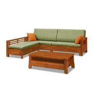 [特價]ASSARI-瑪蒂桃花心木L型沙發+大茶几(含2椅凳)草綠色