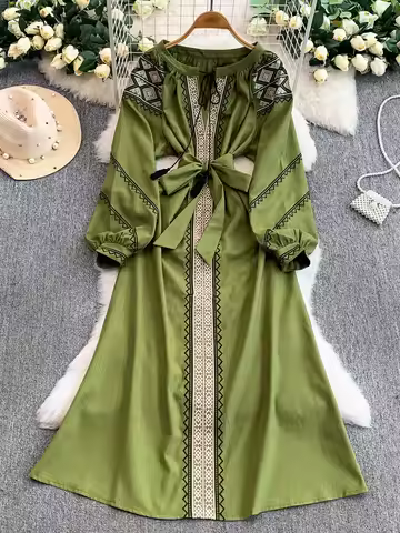 Women Spring Autumn Embroidered Dress Bohemian Ethnic Style Long Bandage O-Neck Academy Style Vestid