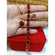 Set Rantai Tangan Rantai Leher Cincin Merah Delima Emas Suasa 375/18k