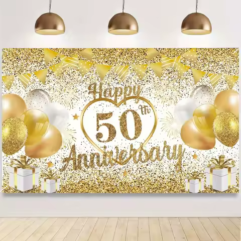A polyester 50th anniversary wedding background fabric and a golden banner for the happy 50th annive