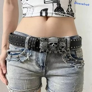 BLUEVELVET Black Rivet Belt, Cool Y2K Skull Wide Waistband, Fashion Adjustable Punk Alloy Skeleton F