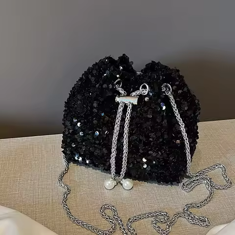 Sequin Handbag Shoulder Drawstring Bucket Bag Women'S Evening Bag Drawstring Sequin Bucket Bag For D