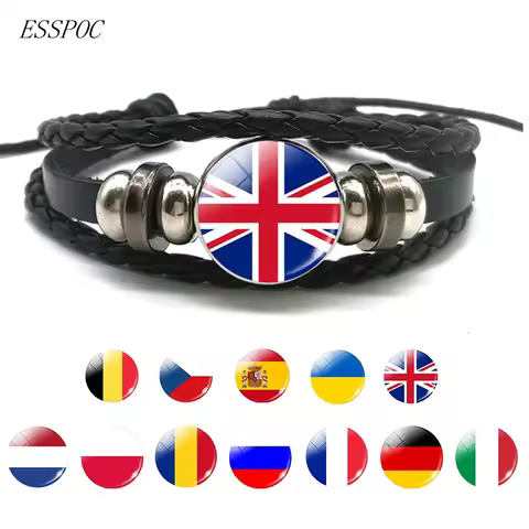 Europe Country UK Flag France Italy Spain Poland.Netherlands Russia Ireland Flag Black Rope Braided