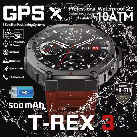 New T-Rex 3 Pro Dual-Band GPS Military Smart Watch 48mm 10ATM Water-Resistant 500mAh Battery Compass