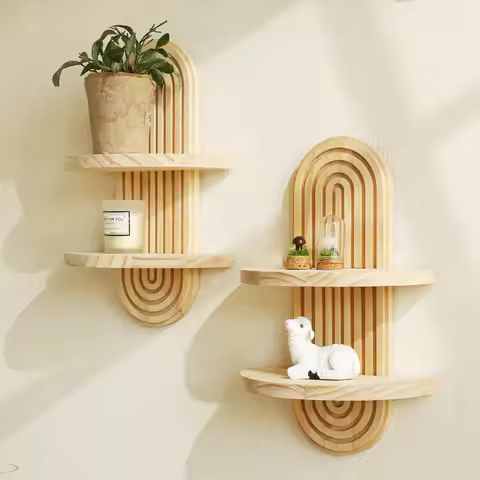 Boho Style Wooden Wall Mounted Shelves Plant Decorative Shelves Geometric Wall Natural Finish Modern