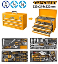 INGCO ชุดเครื่องมือช่าง 132 ชิ้น พร้อมกล่องเก็บเครื่องมือ รุ่น HTCS221321 (132 pcs Tool Chest Set) ช