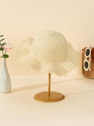 1頂兒童白色海浪沙灘遮陽草帽，可愛的防曬帽，適用於日常及旅行使用