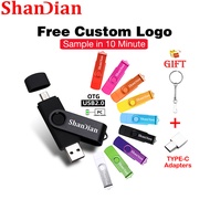 SHANDIAN (1PCS Free Logo) USB Flash Drive 128GB 2IN1 OTG Pendrive 64GB Free TYPE-C Adapter Pen Drive 32GB Rotatable Flashdrive 16GB Key Chain Gift Thumbdrive 8GB Memory Stick 4GB