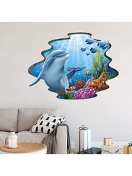 水彩活力海豚魚海草水下世界牆貼紙，適用於臥室客廳幼兒園裝飾壁貼