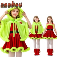 SEEKOV Christmas Elf Costume, Girls Fancy Dress Dress Up Grinch Cloak Tank Dress,  Grinch Xmas Suit 
