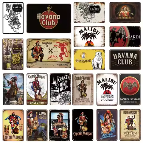 Retro Tin Sign Rum Brand Vintage Metal Signs Captain Morgan Funny Poster Bacardi Plate Sign for Bar 