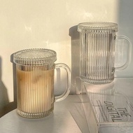 Striped Glass Cup Cup Water Cup with Lid with Straw Drink Handle High-value Household Coffee Milk Cu