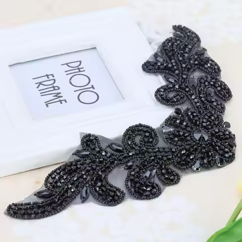 FZD 1 PC Black Crystal Rhinestone Applique Welding Flower Patch Sew on Wedding Dress Sleeves Accesso