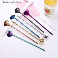factoryoutlet2.sg Creative Long Drinking Straw With Spoon Stainless Steel Reusable Colorful Metal Straws Coffee Stirring Spoons Hot