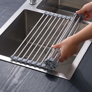 New Multipurpose Large Size Roll Up Foldable Dish Drying Rack / Stainless Steel Dish Drainer Silicone Coated Rims