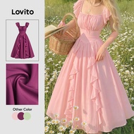 Lovito Elegant Dress Pleated Zipper Spring/summer Pink Dress for Women DRK8P1D923 Lovito Gaun Elegan