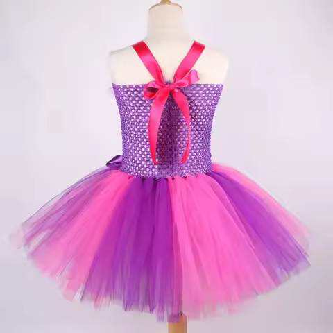 M6 Alice In Wonder Chesuite Cat Tutu Hot Pink Purple Cartoon Tulle Girls Party Dress Kids Halloween 